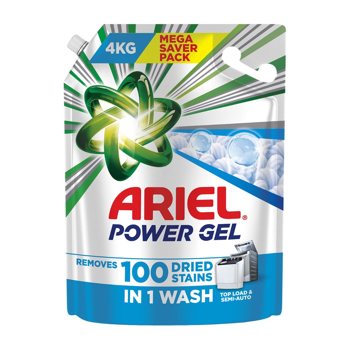 Ariel Power Gel Liquid Detergent for Top Load & Semi Auto – 4kg | Removes 100 Dried Stains in 1 Wash | Faster Dissolving | Long-Lasting Fragrance | Color Protection | At the price of Powders