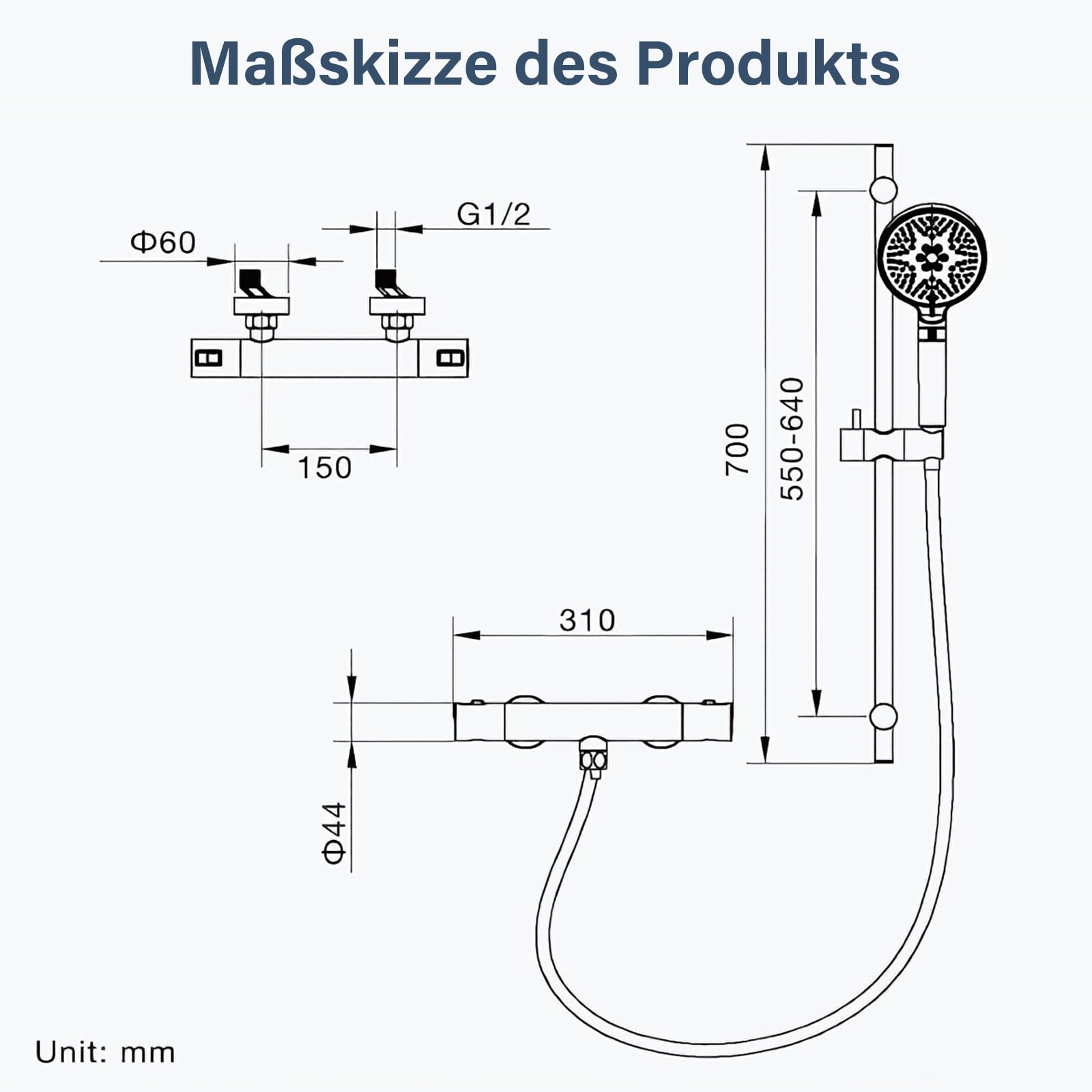 Duscharmatur Schwarz mit Brausegarnitur,Duscharmatur Kompletset mit Brausegarnitur 700 mm,Duschsystem mit Thermostat,Handbrause mit 3 Funktionen