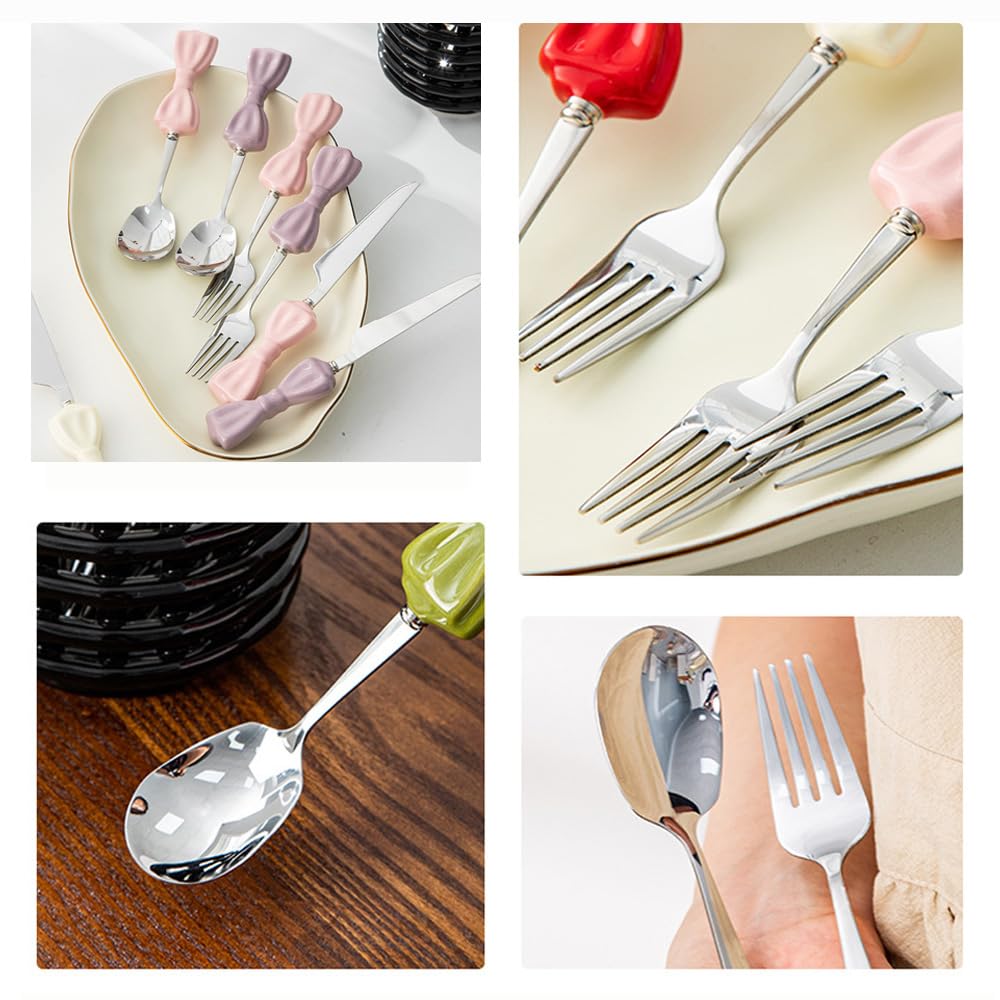 Bowknot Manico in Ceramica Cucina in Acciaio Inox Argenteria Stoviglie Posate Set Posate Bistecca Coltello Forchetta Cucchiaio Cucchiaio Cucchiaino (Nero,12 pezzi)
