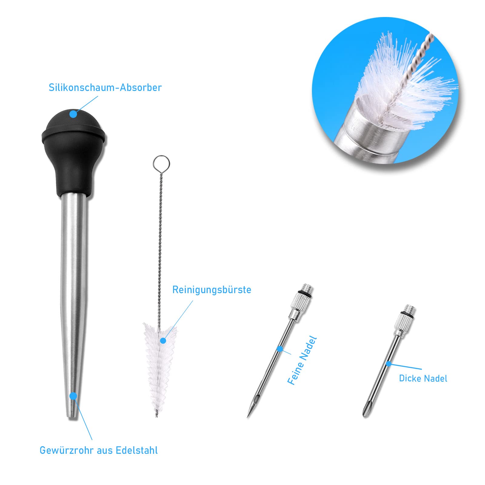 Injecteur de Sauce Barbecue avec Brosse à Badigeonner et Brosse de Nettoyage, Aiguille à Badigeonner de Qualité Alimentaire pour Rôtis Moelleux et Savoureux, Assistant de Cuisine et de Grill