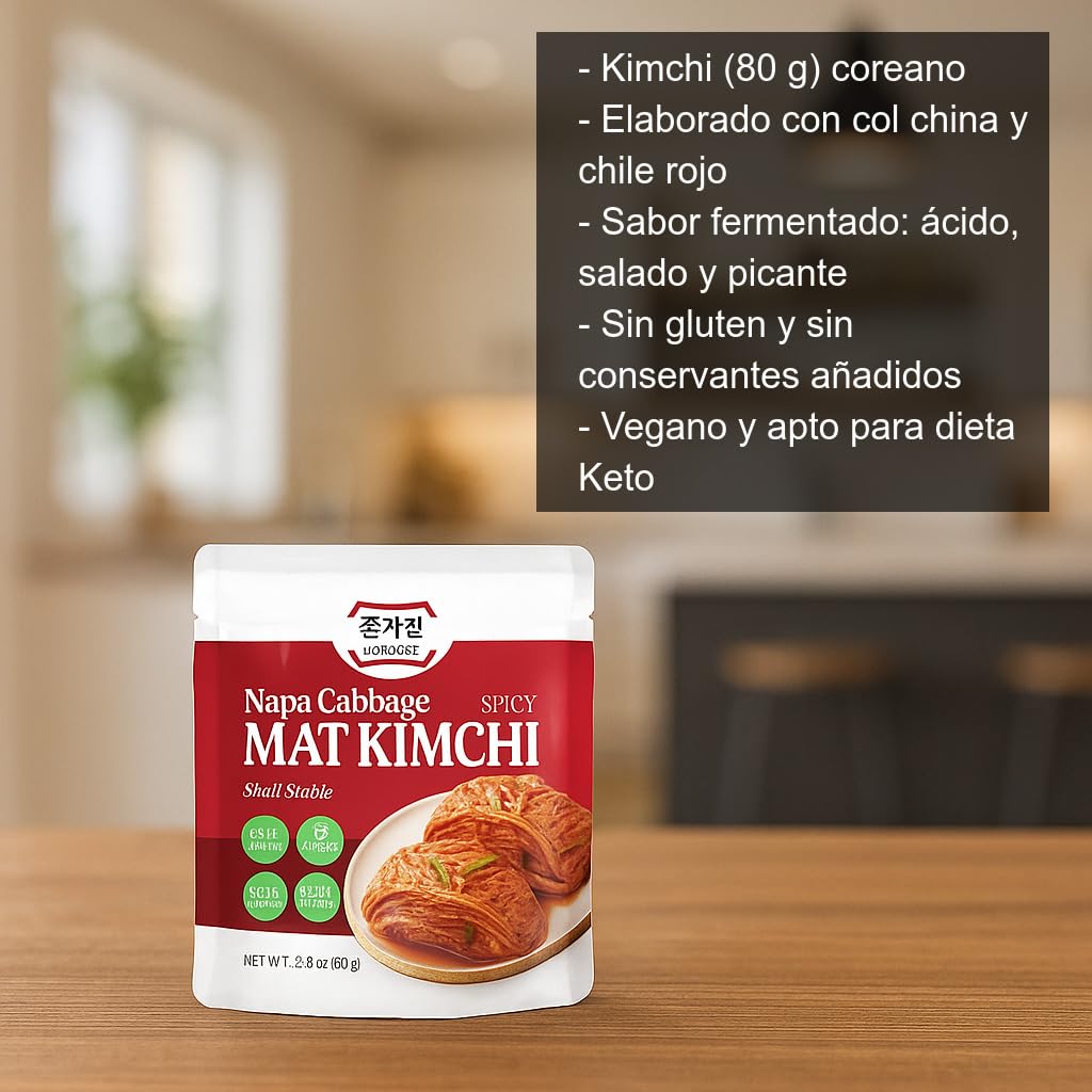 Kimchi coreano fermentado 80 g Pack 3 sobres Col china chile rojo Guarnición picante para ramen arroz noodles vegano sin gluten