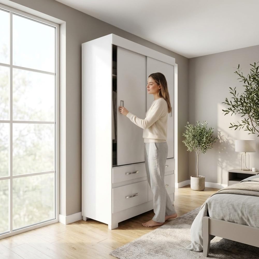 Befara Armoire À Portes COULISSANTES ET 4 TIROIRS Elias, Blanc, 109,5 x 48,5 x 200,5 cm, Armoire à Portes coulissantes Blanche avec Quatre tiroirs, Barre de Suspension et étagères