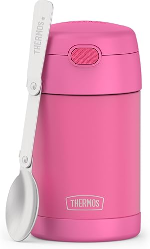 THERMOS FUNTAINER Tarro de alimentos de acero inoxidable aislado al vacío de 16 onzas con cuchara plegable, rosa neón