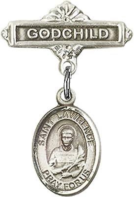 Sterling Silver Baby Badge with St. Lawrence Charm and Godchild Badge Pin 1 X 5/8 inches