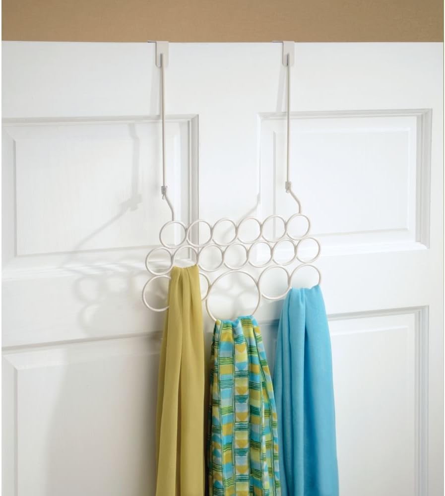 interDesign Classico Over Door Scarf Rack Hanger, No Snag Storage for Scarves, Ties, Belts, Shawls, Pashminas, Accessories - 18 Loops, Pearl White
