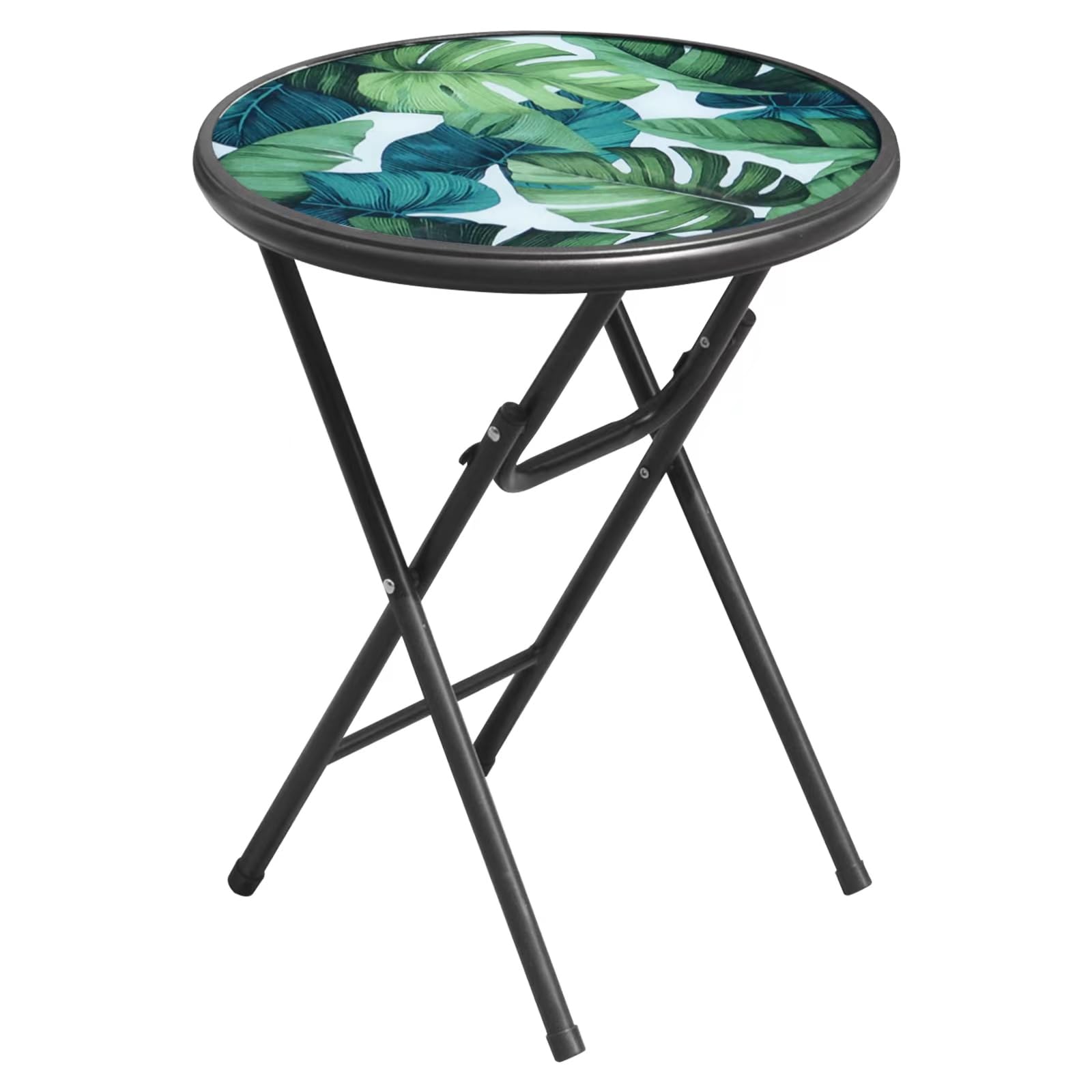 18" Outdoor Side Table, Small Patio Table with Tempered Glass Tabletop, Steel Frame, Round Folding Table with Anti-Slip Footpads for Outdoor and Indoor