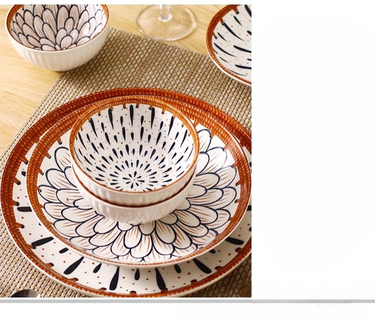Image of Japanese Asian Cuisine Bowl Set, Ceramic Bowl Serving for Snack, Soup, Dessert, Salad, Noodle, Pasta, Oatmeal, Rice, White and Blue Porcelain Bowls for Kitchen, Dinner Bowl Set of 4