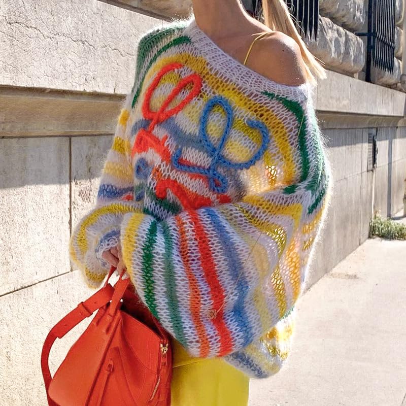 Rainbow Striped Sweater Women Coquette Oversized Batwing Long Sleeve Crochet Pullover Y2K Cottagecore Knitted Tops4