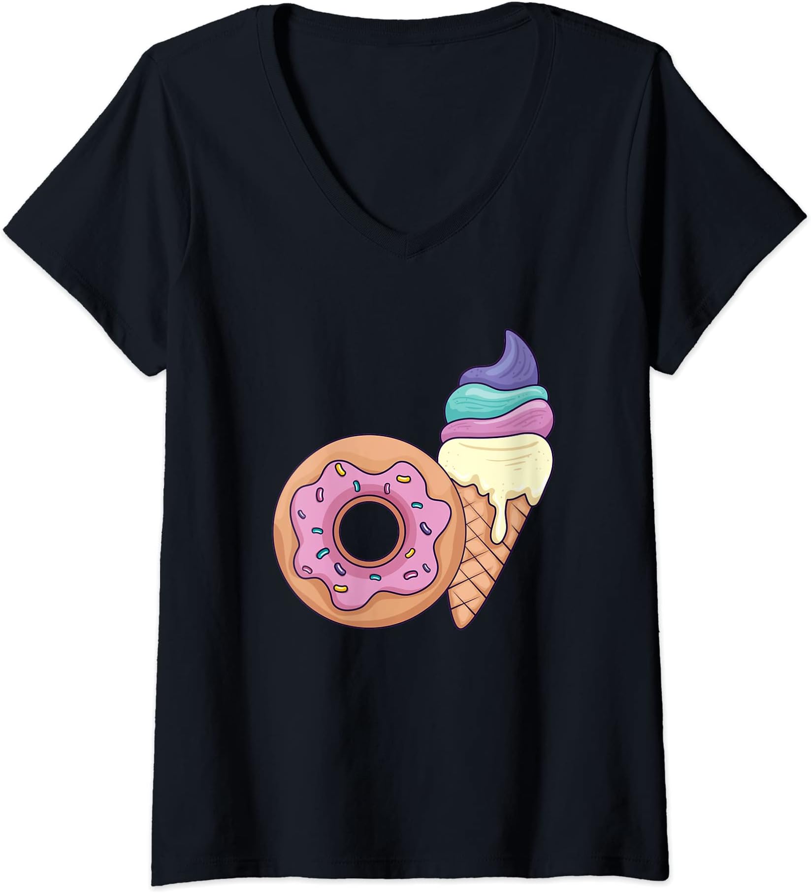 Food Glorious Food DesignsWomens Ice Cream and Donut - Sweet Treat Dessert Cold Frozen Fun V-Neck T-Shirt