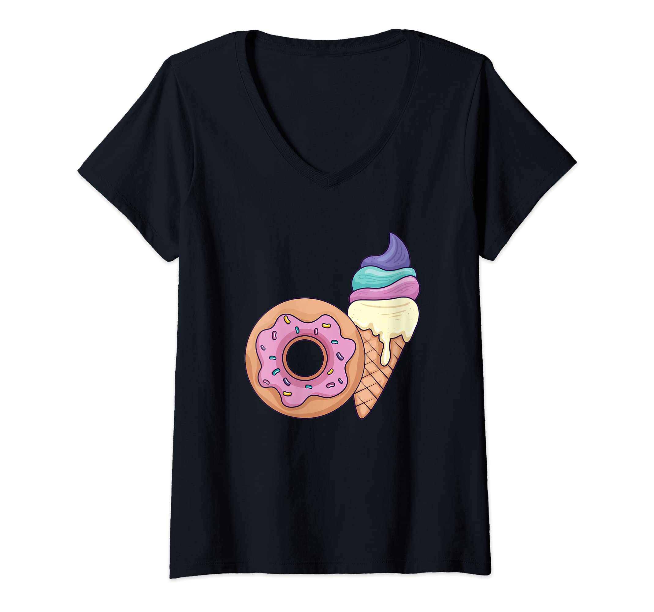 Food Glorious Food DesignsWomens Ice Cream and Donut - Sweet Treat Dessert Cold Frozen Fun V-Neck T-Shirt