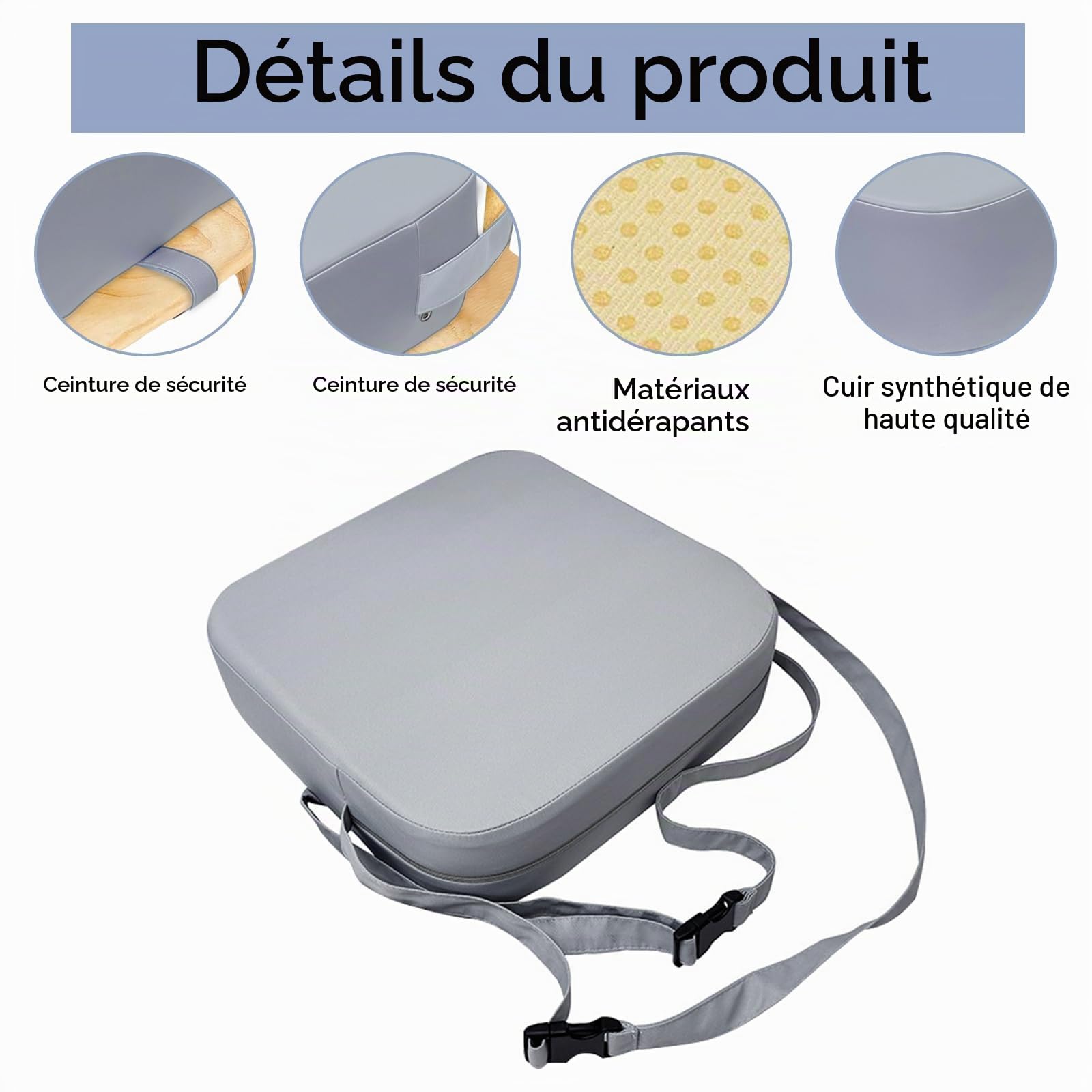 Rehausseur de siège pour enfant - Pour table à manger - Amovible - En cuir synthétique - Avec boucle de sécurité - Pour table à manger - Gris foncé