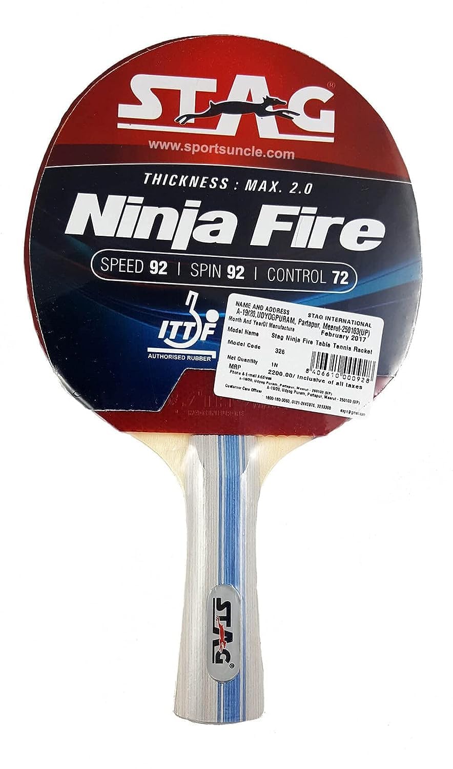 STAG Advanced ITTF Approved Rubber Ninja Fire Table Tennis Racquet, Multicolour, 180 grams Material: Wood (B00IM8FTR6) Amazon Price History, Amazon Price Tracker
