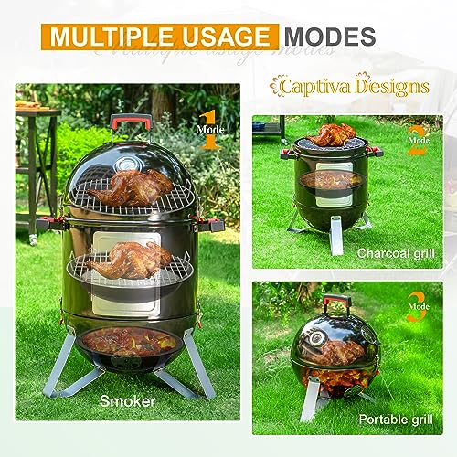 Captiva-Designs-18-inch-Vertical-Charcoal-Smoker-Grill-with-Porcelain-Enameled-Smoking-Chamber-Wood-Mountain-Smoker-for-Meat-Turkey-and-BBQ-with-Built-in-Thermometer Captiva Designs 18 inch Vertical Charcoal Smoker Grill with Porcelain Enameled Smoking Chamber Wood Mountain Smoker for Meat Turkey and BBQ with Built in Thermometer