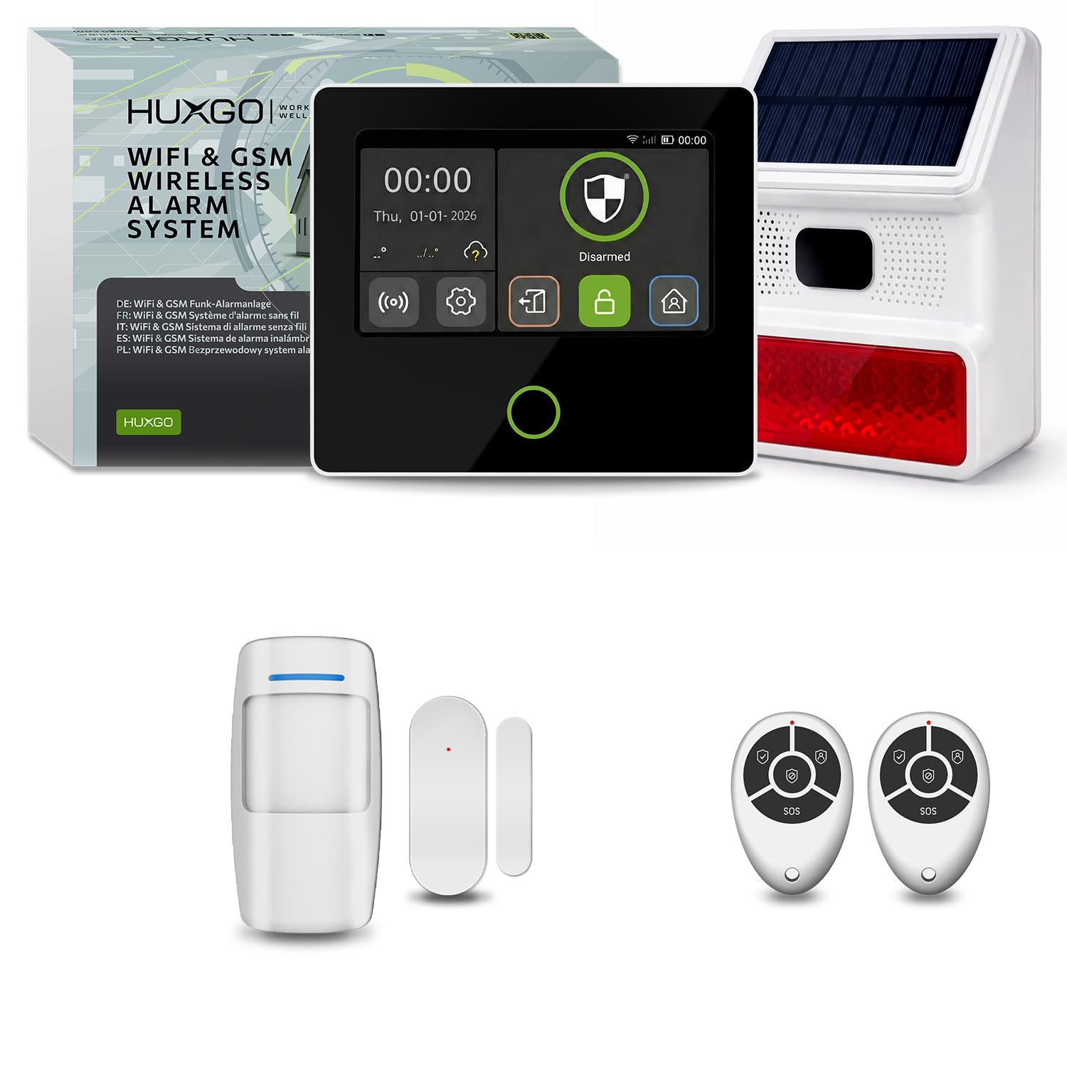 Funk Alarmanlage Set Haus mit Solar-Alarmsirene WLAN + GSM 4G | 1x Bewegungsmelder, 1x Tür- & Fenstersensoren | steuerbar über das Smartphone/App – Modell HUXGO HXA502