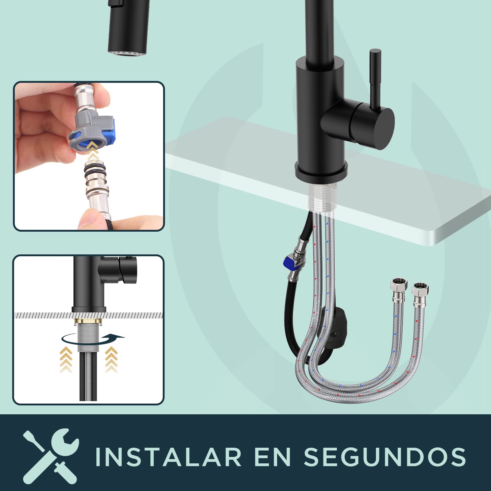 FORIOUS Grifo Cocina Extraible Negro, Grifo Cocina Fregadero con 2 Modos Giratorio a 360° Torneira Cozinha Monomando Flexible, Agua Frío y Calor Disponibles