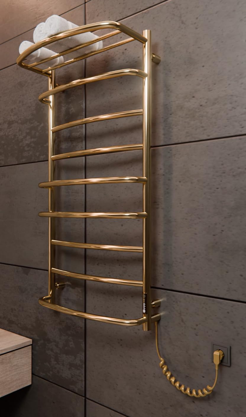Elna Scaldasalviette Oro - 168W - 1005x530mm - Elettrico con Ripiano - Per Famiglia & Casa - Acciaio Inox - Con Termostato, Timer & Eco - IP44 - Montaggio a parete
