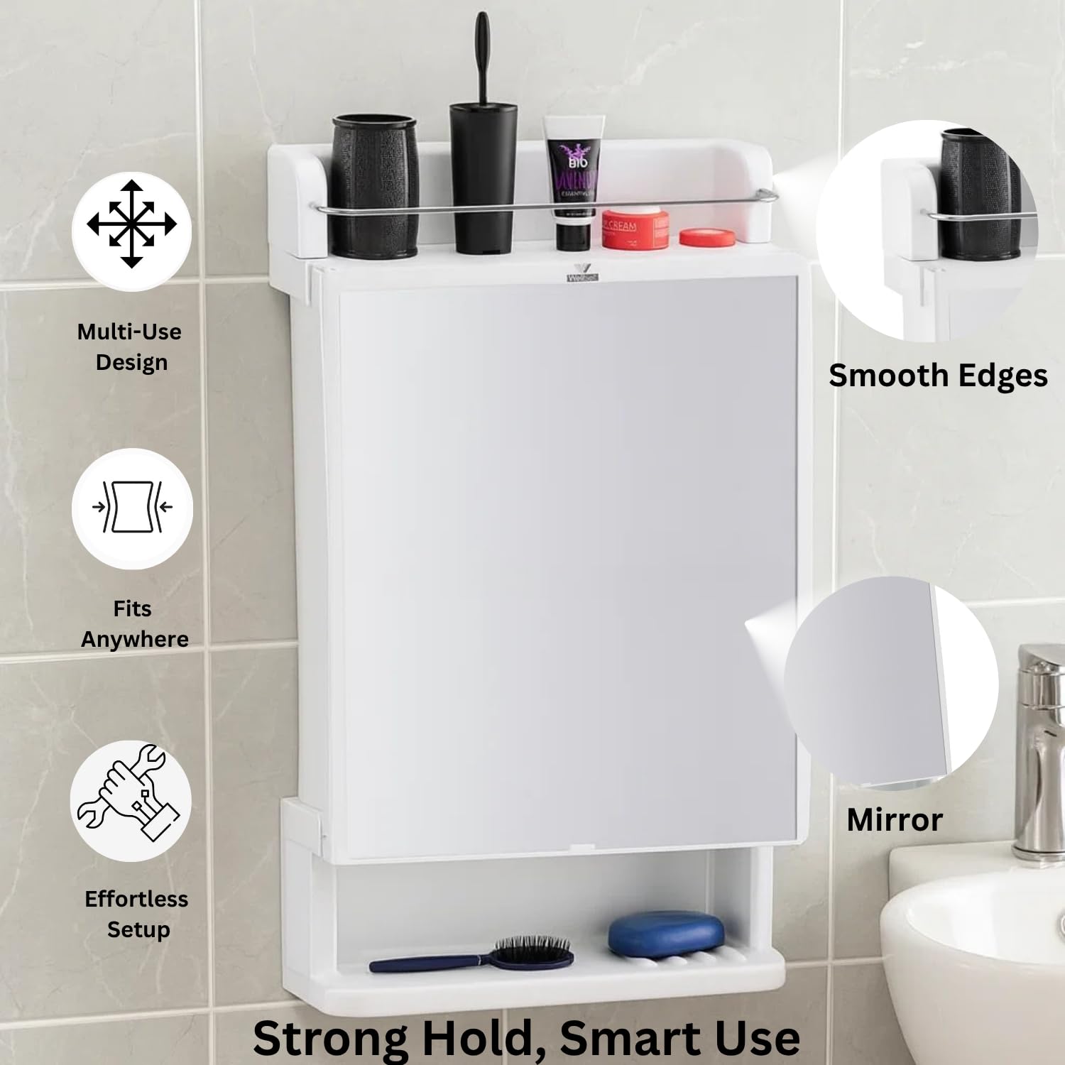 Well Set Bathroom Mirror Cabinet with Storage | Wall Mounted Plastic Organizer Shelf for Toiletries & Accessories | Durable White Mirror Cabinet for Bathroom 2