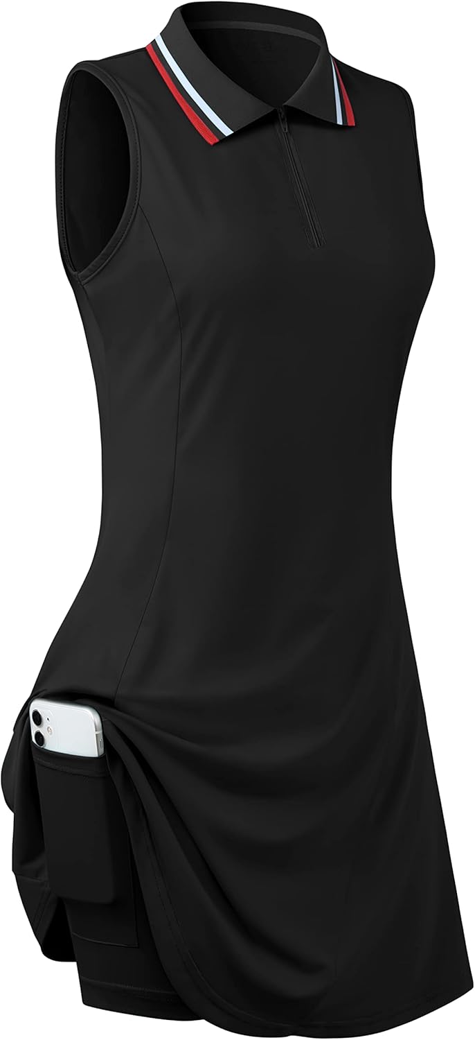 FREEYE Womens Sleeveless Golf Tennis Dresses with Inner Shorts＆Pockets for Workout Exercise