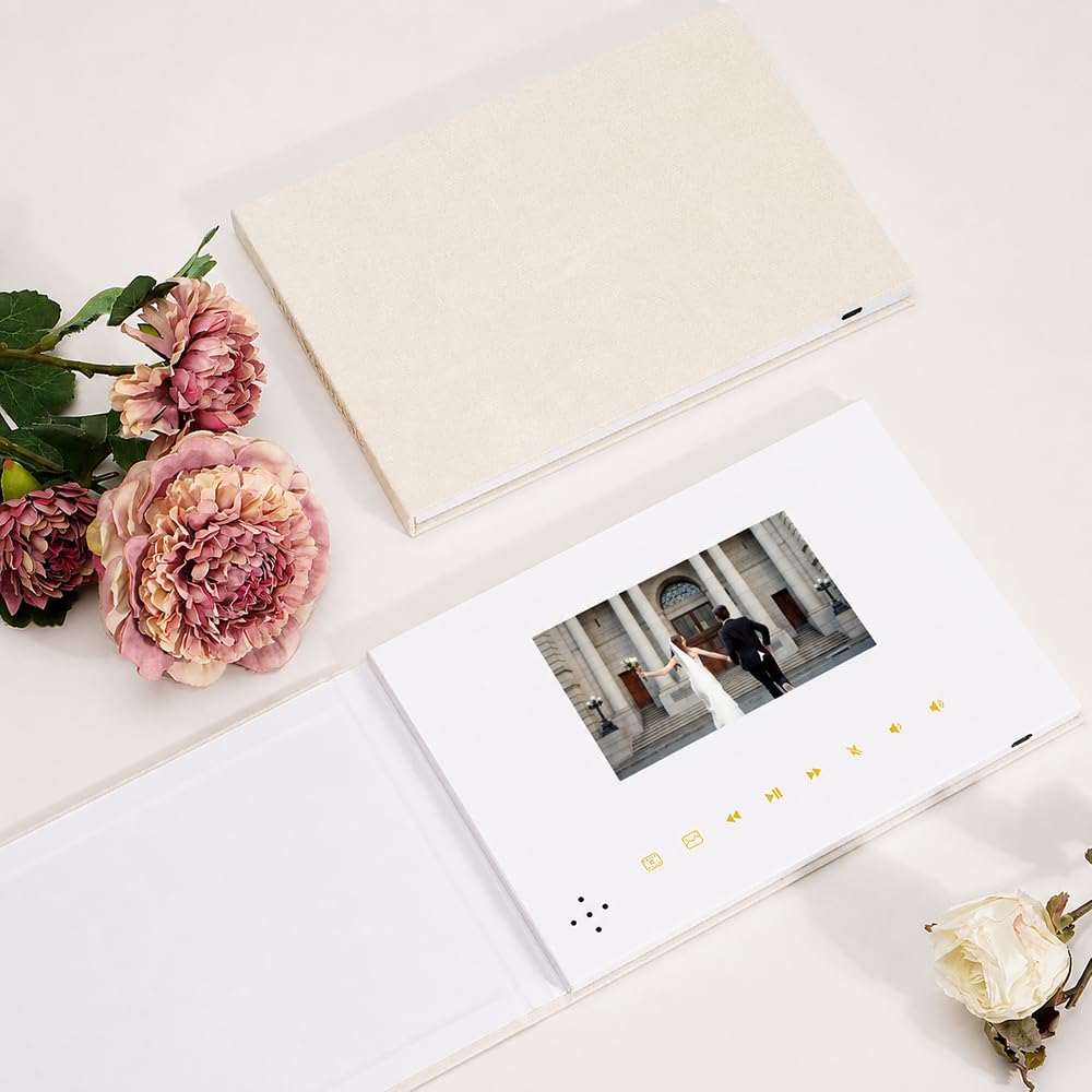 Livre photo et vidéo en lin de luxe, écran IPS de 5", mémoire de 4 Go, batterie rechargeable, jusqu'à 3 heures de stockage vidéo HD, parfait pour les mariages, anniversaires, anniversaires de mariage