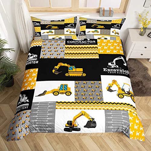 Feelyou Excavator Comforter Cover Construction Vehicles Bedding Set Equipment Trucks Duvet Cover for Kids Boys Girls Cartoon Car Bedspread Cover Geometric Lattice Twin Size (No Comforter)