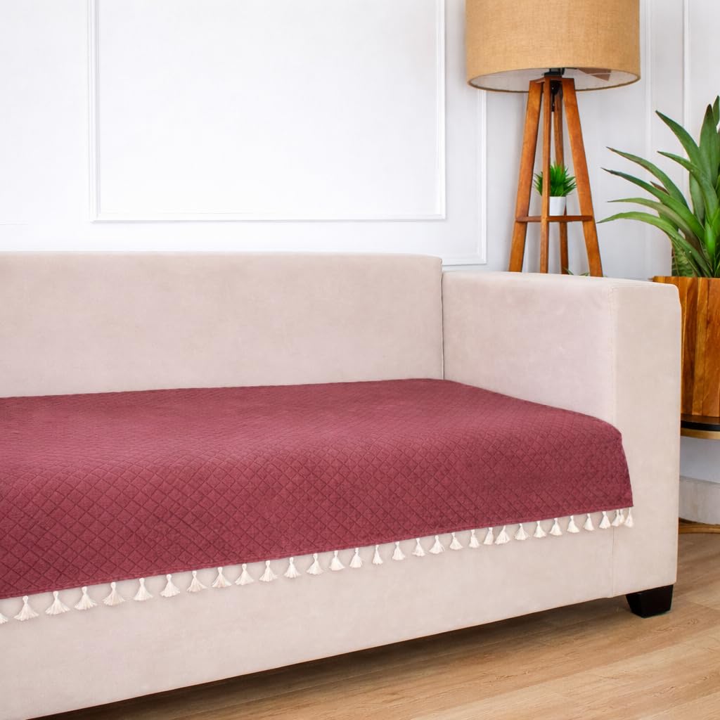 Brick Home 2 Seater Quilted Velvet Sofa Cover Protector with Tassel (Peach)
