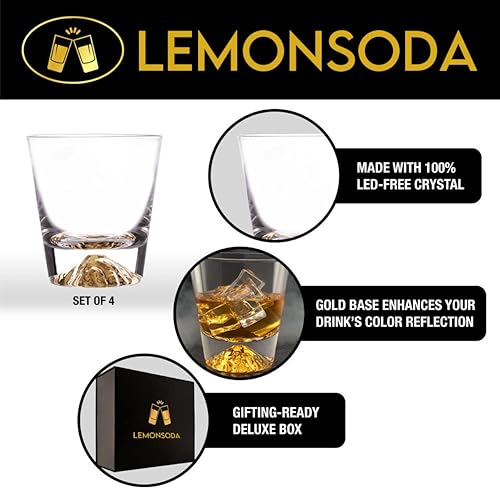Miniatura 3 de LEMONSODA Juego de 4 vasos de whisky, vasos de bourbon de base pesada de oro transparente, paquete de 4 vasos de whisky a la antigua, gran juego de