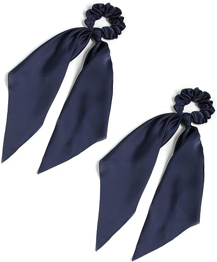 Pack of 2 Knotted Bow Hair Scrunchies Elastic Hair Scarf Black Hair Ties Bands Satin Hair Ribbon Scrunchy Red Ponytail Holder for Women and Girls (Navy blue)