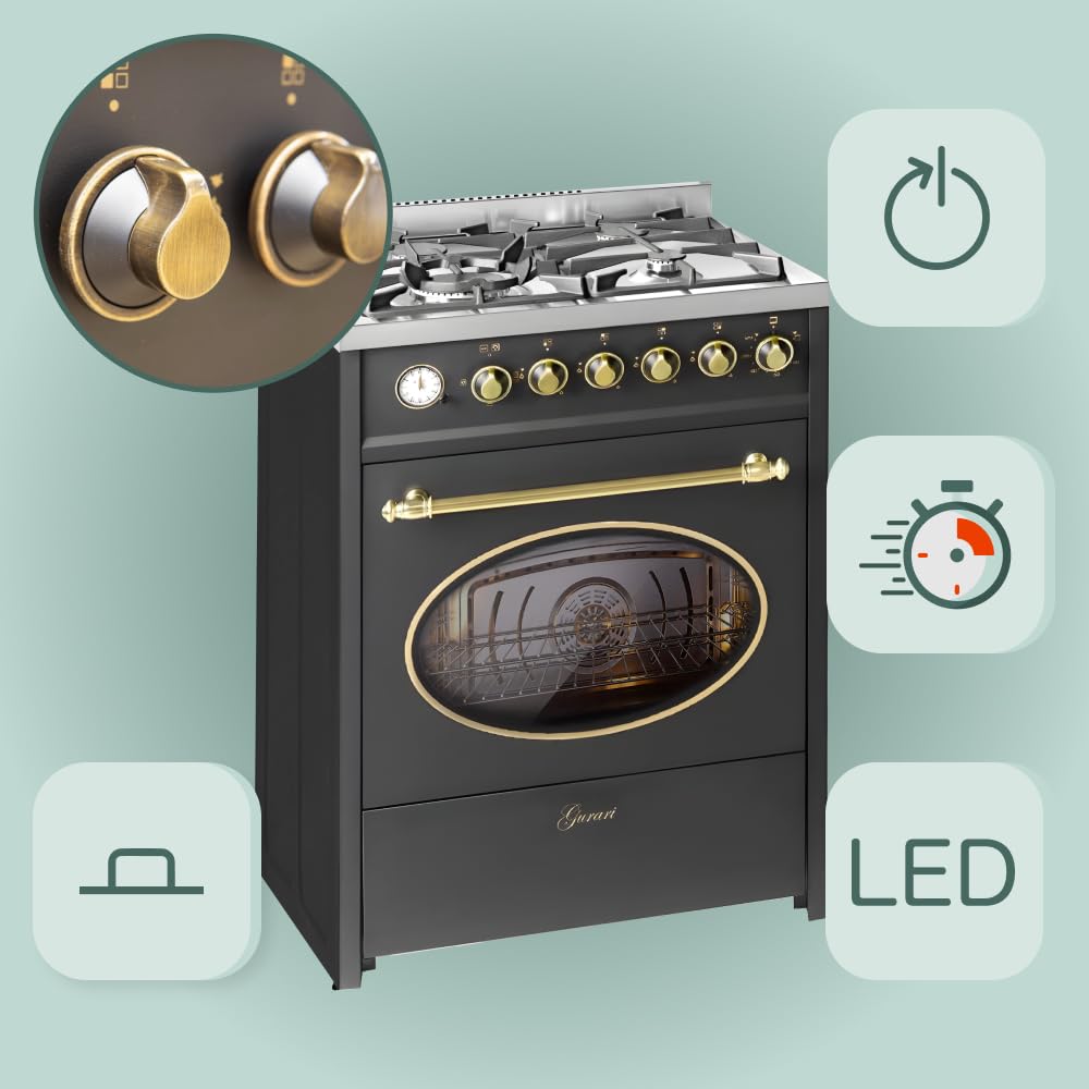 GURARI GCH G 614 BL r Cuisinière sur pied 60 cm Gaz naturel Fl.Gas 4 Kw WOK, Barbecue à gaz, Range Cooker, Tiroir avec poussette, Contrôle du gaz, tournebroche. Gaz naturel, gaz propane
