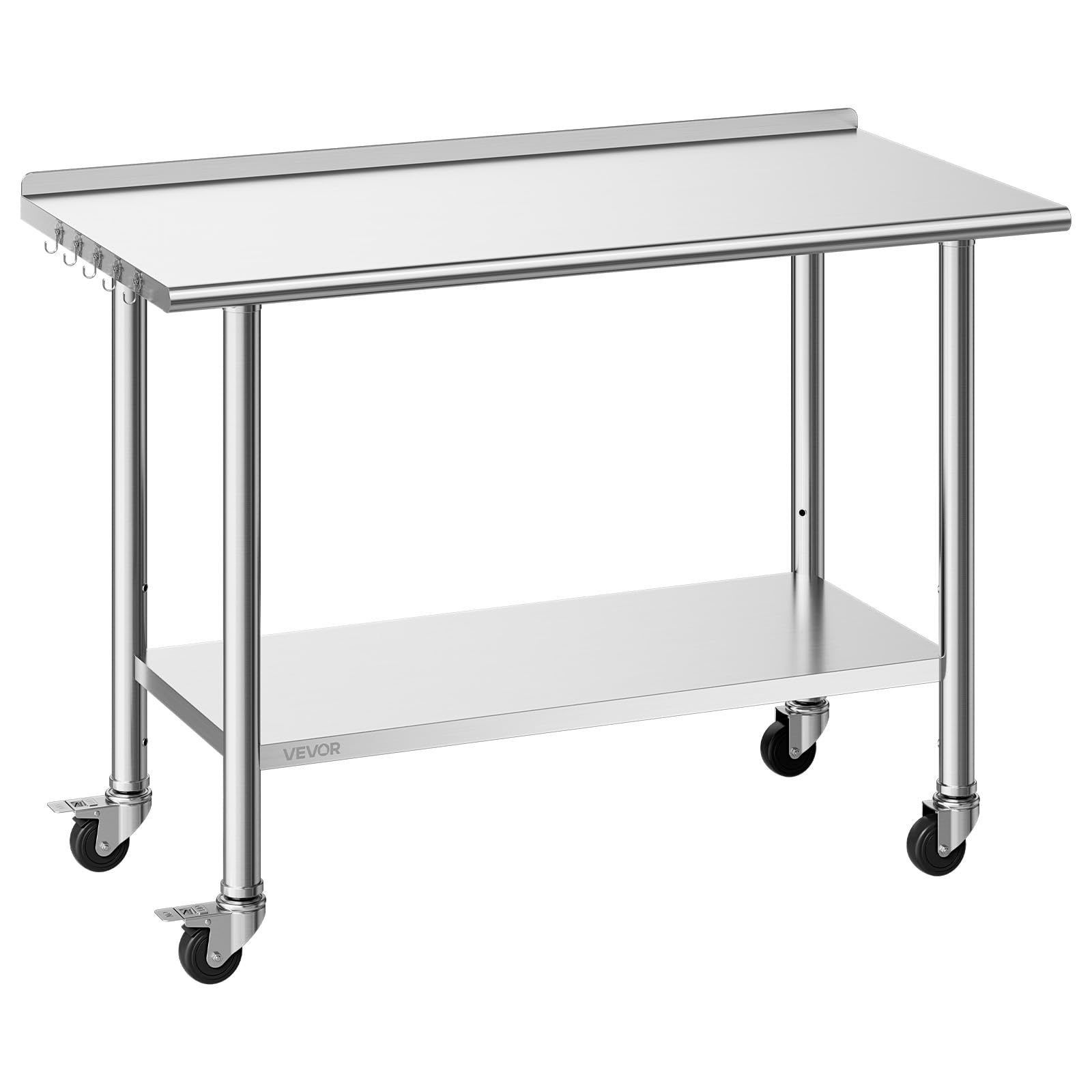 VEVOR Mesa de Trabajo de Acero Inoxidable 2 Niveles, Mesa de Preparación con Ruedas 122 x 61 x 89,4 cm, Estante Inferior Ajustable, Protector contra Salpicaduras, para Restaurantes, Bares, Hoteles