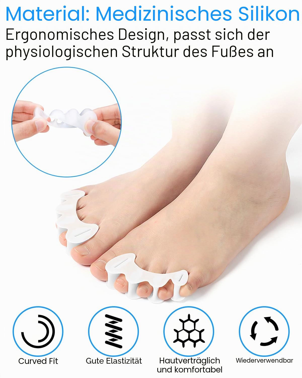 PGRODE 2 Paar Ballenzeh-Zehentrenner aus Silikon für Füße Damen Herren zur Korrektur ihrer Zehen, Gel-Zehenspreizer Zehenstrecker für Hammerzehe, gelockt (L, 2 fest + 2 weich)