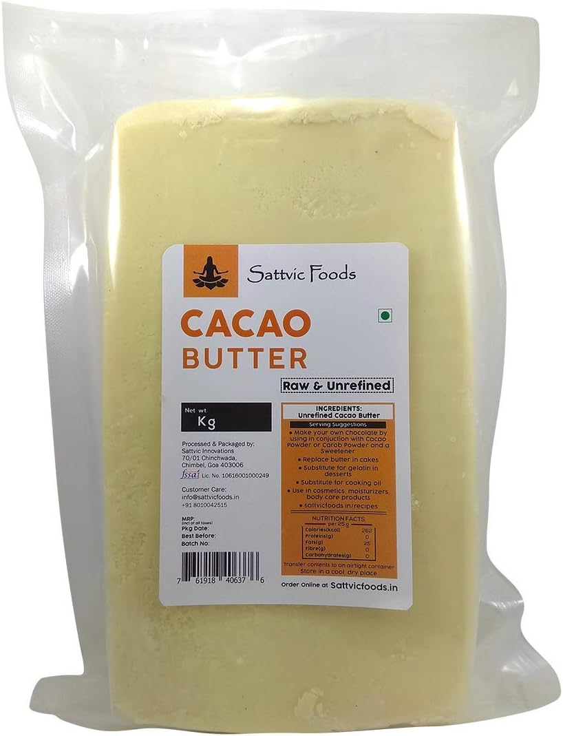 Sattvic Foods Prime Pressed Raw Cacao Butter (3 kg) Highest Grade Pure and Unrefined Food Grade Cocoa Butter | Rich in Antioxidants | Use in Chocolates, Desserts, Cosmetics