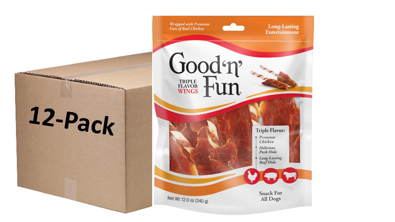 Good ‘n’ Fun Triple Flavor Wings Chews for All Dogs, 12 Ounces, Treat Your Dog to Long-Lasting Chews Made with Chicken, Pork Hide and Beef Hide