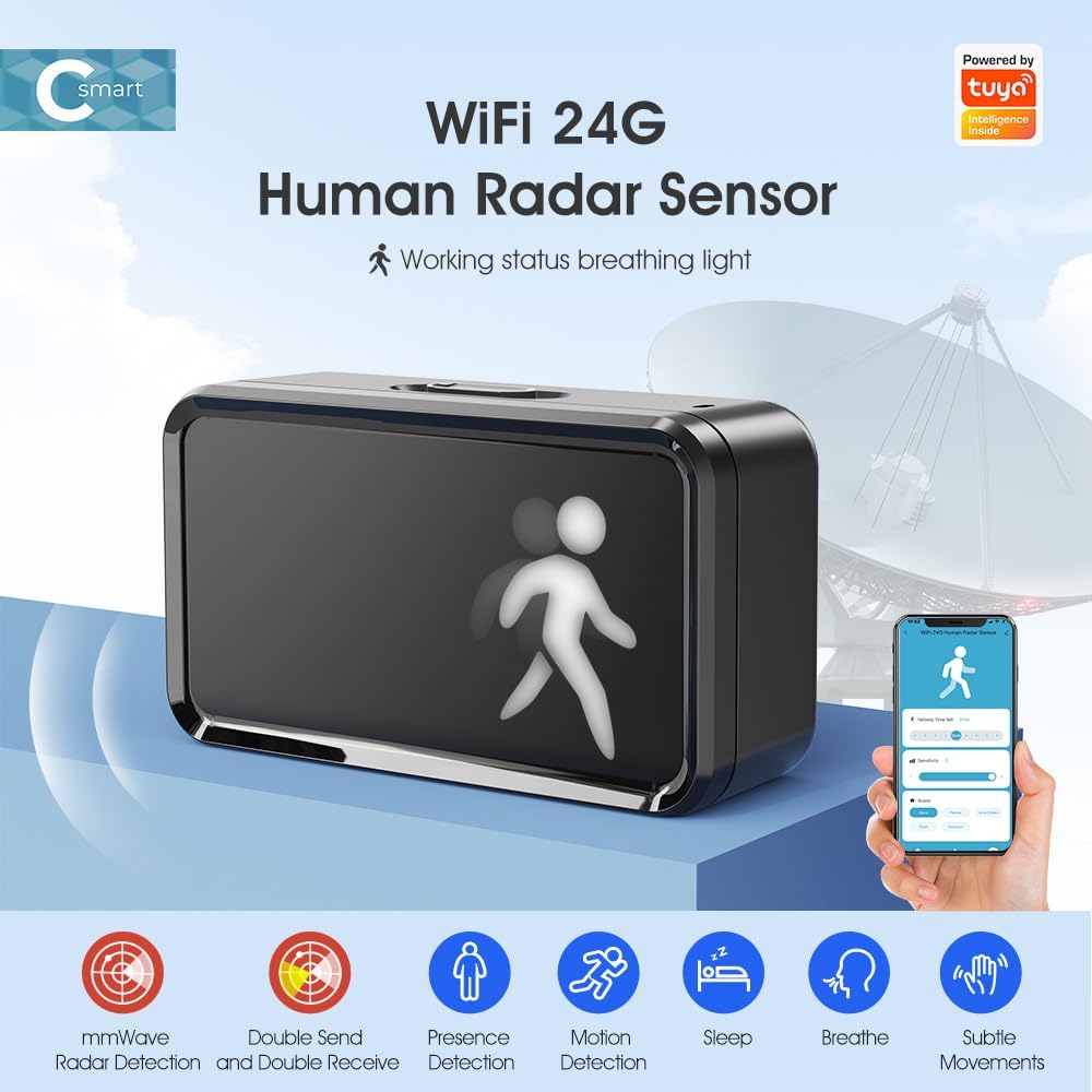 WiFi+Bluetooth 24G mmWave Human Radar Sensor Working Status Breathing Light, Home Security and Automatical, Sensing Human Movement,Micro Motion and Static Presence.