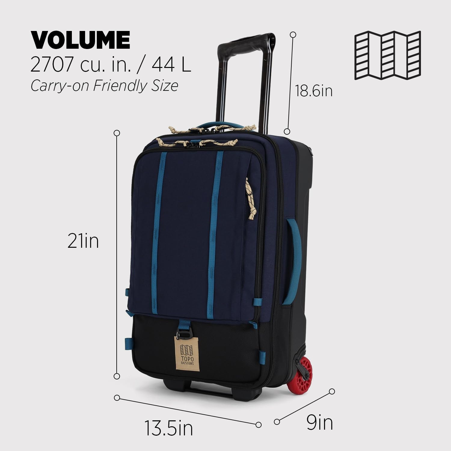 Topo Designs Global Travel Roller Bag Suitcase, 44L Carry-On, 3 Handles, Smooth Heavy Duty Wheels, Telescoping Handle, Durable + Rugged, WRAP Certified (Navy/Sahara)