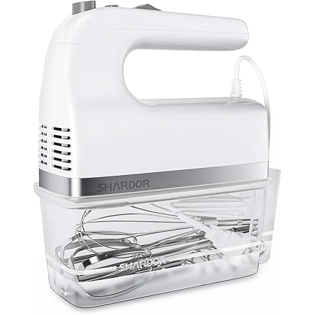 SHARDOR Hand Mixer, 350W Handheld Mixer with Storage Case 5-Speed Plus Turbo Hand Mixer Electric With 5 Stainless Steel Attachments(2 Beaters, 2 Dough Hooks and 1 Whisk), White