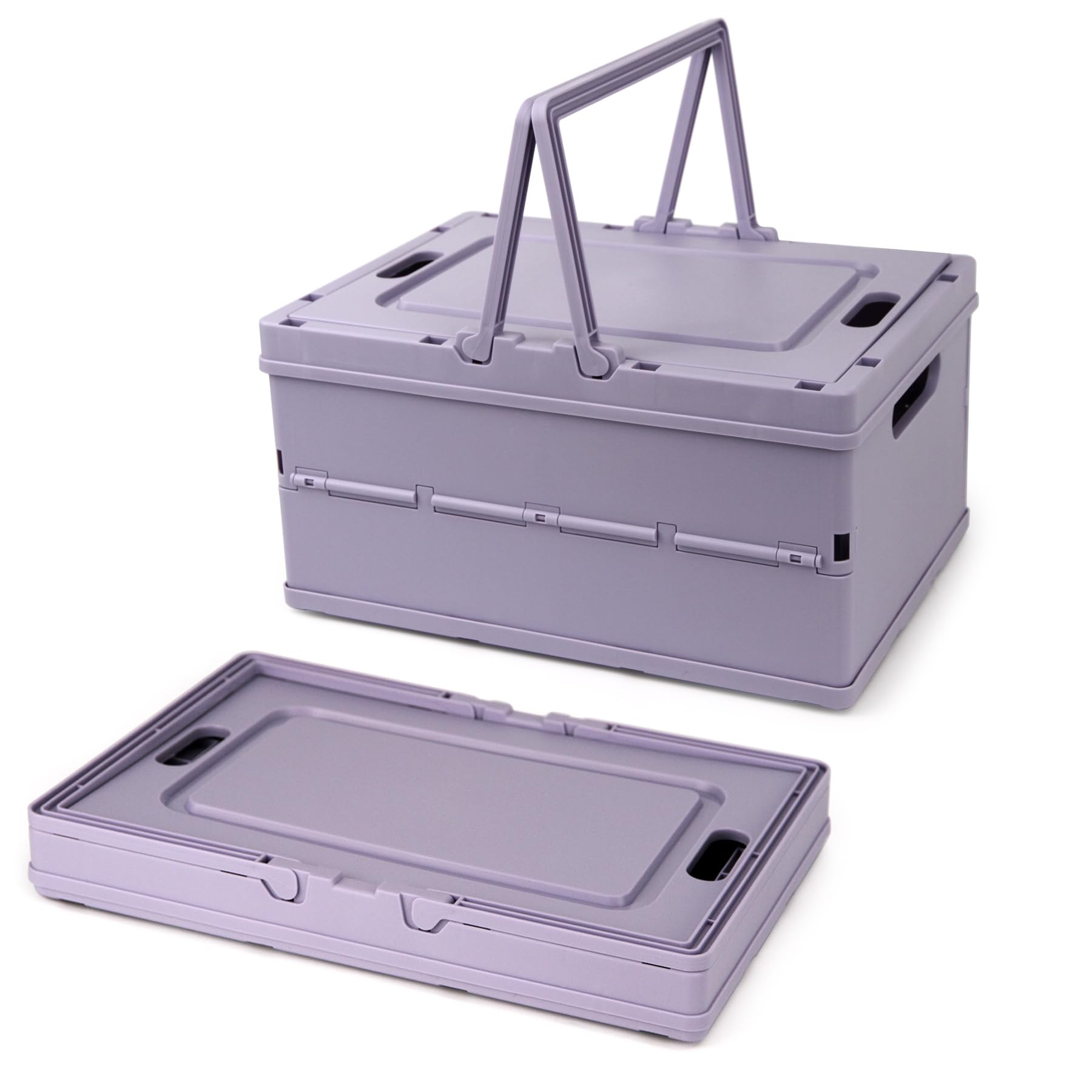 Collapsible Storage Crate, Foldable Plastic Basket with Lid and Handle, Foldable Storage Box Crate Bin for Home Kitchen Office Bathroom Bedroom Pantry (Purple, 2-Pack)