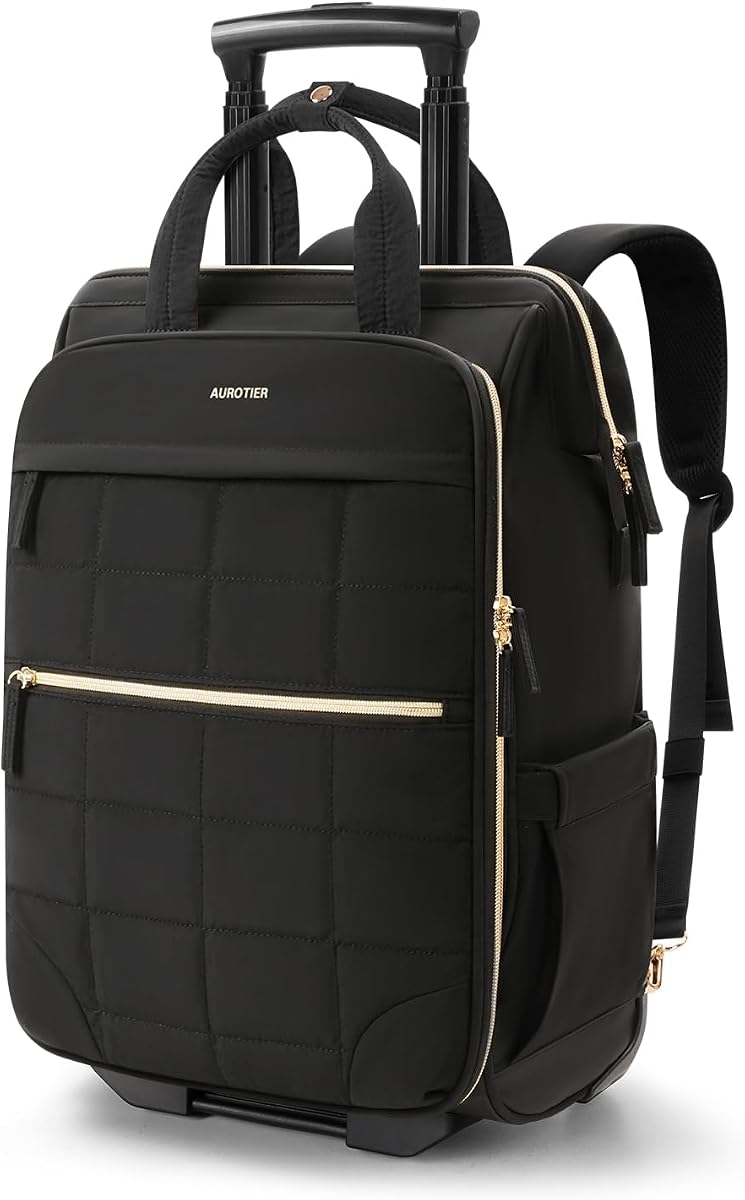 Rolling Puffer Backpack for Women, Wheeled Laptop Backpack, Short-Term Travel Backpack with Wheels, Roller Adults Work Computer Bag, Water Resistant Overnight College Underseat Carry on Luggage, Black