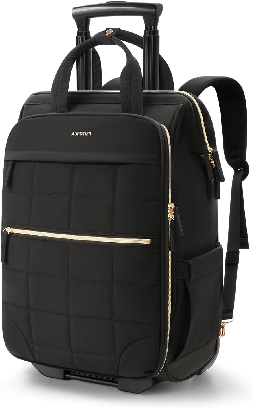 Rolling Puffer Backpack for Women, Wheeled Laptop Backpack, Short-Term Travel Backpack with Wheels, Roller Adults Work Computer Bag, Water Resistant Overnight College Underseat Carry on Luggage, Black