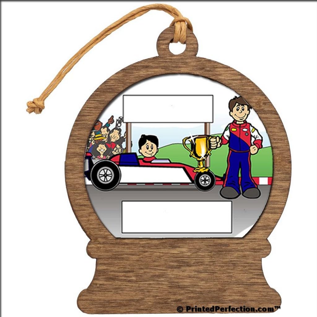 PrintedPerfection.com Personalized Race Car Youth Driver Wooden Snow Globe Shaped Christmas Ornament