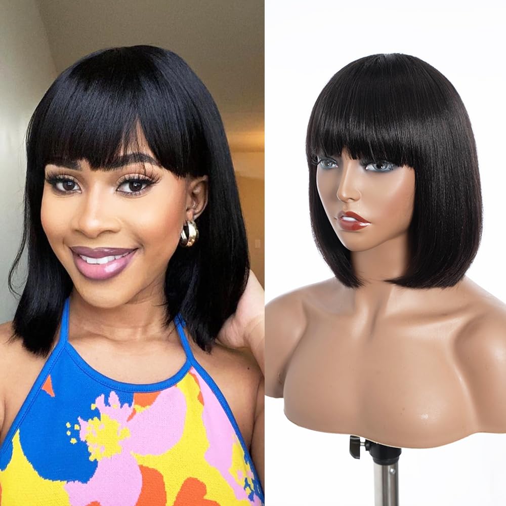QVR Light Yaki Straight Bob Wig with Bangs Human Hair 180% Density 10 inch Natural Black Machine Made Blunt Cut Short Bob Wigs Human Hair With Bangs