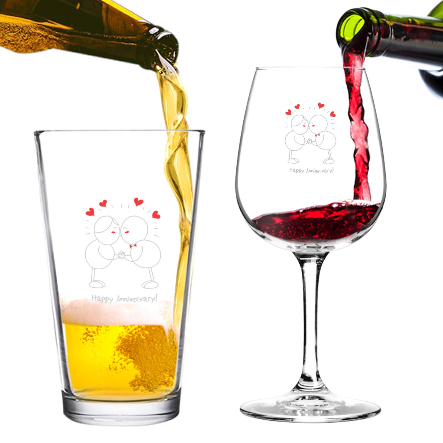 Amazon Com Happy Anniversary Beer Pint And Wine Glass Romantic Glassware Set Made In Usa Cool Present Idea For Wedding Anniversary Married Couples Him Or Her Mr Or Mrs Kitchen