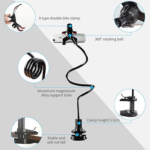 Miniatura 4 de Longitud total 38 pulgadas soporte de teléfono de cuello de cisne para cama, escritorio, clip de abrazadera ajustable 360 con soporte para teléfono