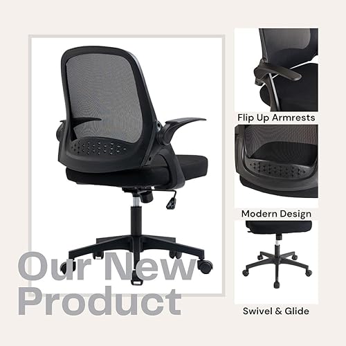 Miniatura 5 de Silla de oficina de malla, ergonómica giratoria de malla negra con brazos abatibles y soporte lumbar, altura ajustable, cómoda silla giratoria