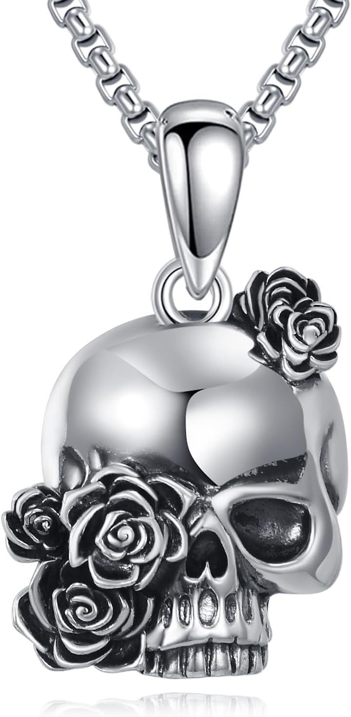 YAFEINI Skull Rose Necklace 925 Sterling Silver Gothic Skull Pendant Necklace Punk Rock Jewelry Gothic Gifts for Women Men