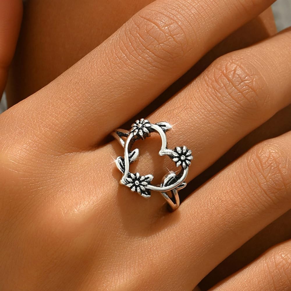 Silver Rings For Women, Retro Flower Heart Ring Stackable Trendy Floral Engagement Elegant Statement Wedding Birthday Jewelry Gift - Image 2