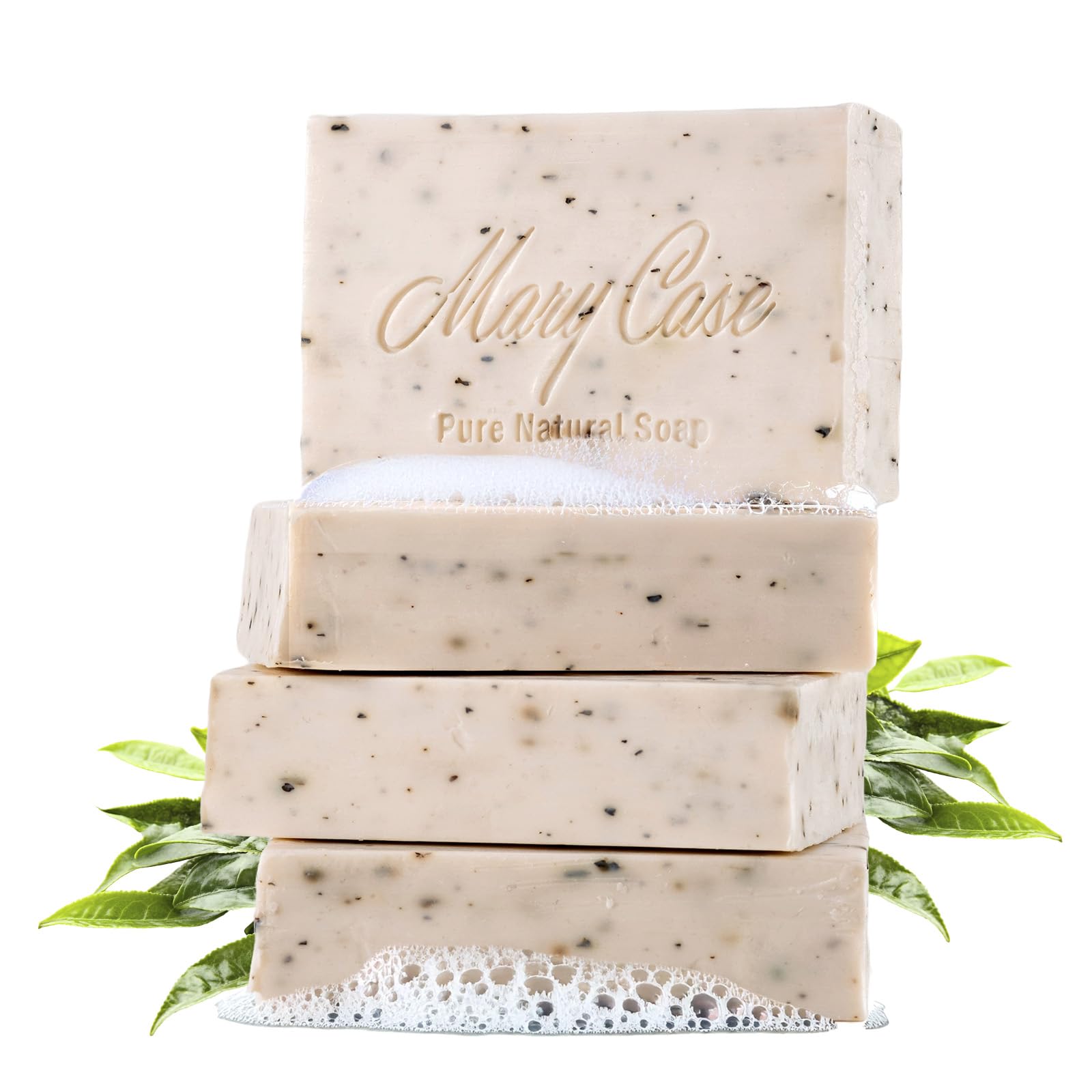 Mary Case All Natural Bar Soap for Men & Women (Set of 4) - Tea Tree Bath Soap Bar with Olive, Coconut, Tea Tree Oils & Leaves - Vegan Natural Soaps