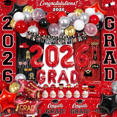Image of Party Spot!125 PCS Red and Black Graduation Party Decorations, 2026 Graduation Party Decorations, Class of 2026,Comgrats Grad Photo Banners, Tablecloth, Balloons, Cake Toppers