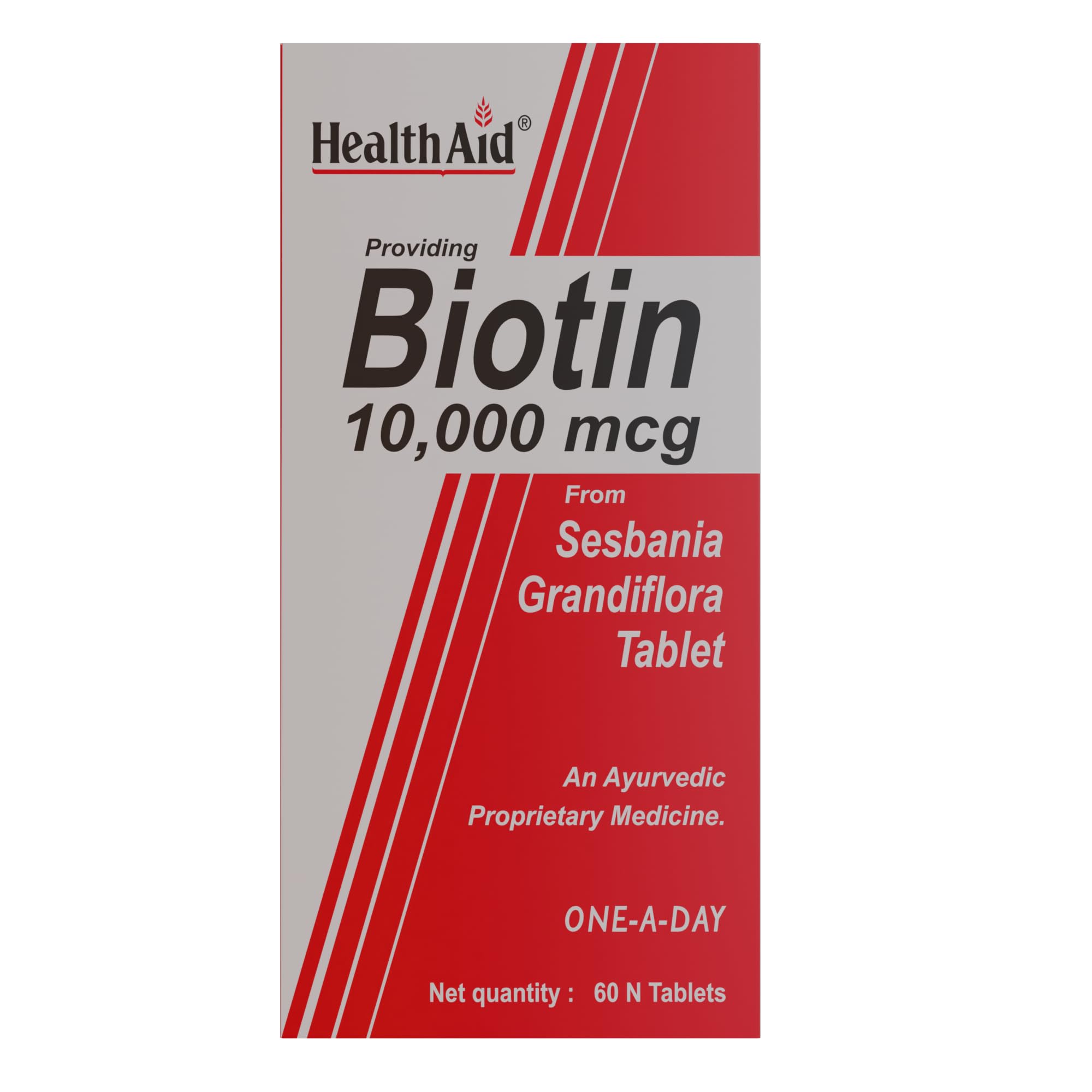 HealthAid Biotin 10000mcg – 60 Vegetarian Tablets | Plant-Based Biotin from Sesbania | Supports Healthy Hair, Skin & Nail Strength for Men & Women (Pack of 2)