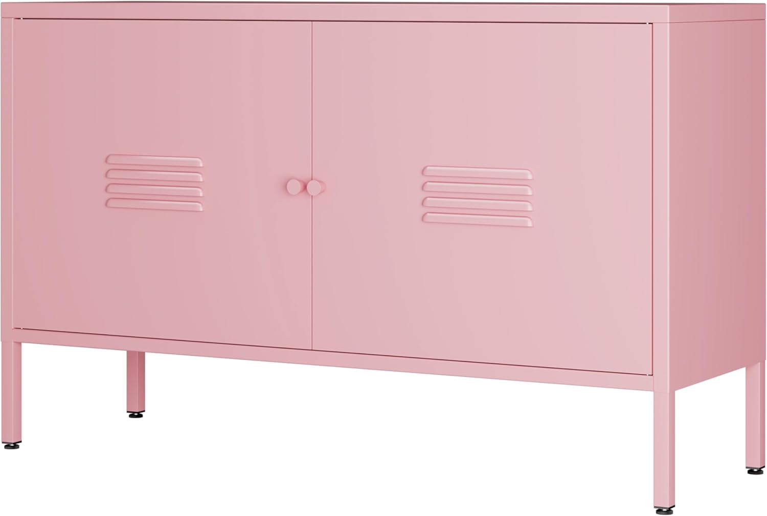 Metal Locker TV Stand, Modern Accent CD Storage Cabinet with 2 Doors, Short Display Cabinet with Adjustable Shelf, TV Cabinets for Home,Office,Entryway,Dining/Living Room,Bedroom,Orange