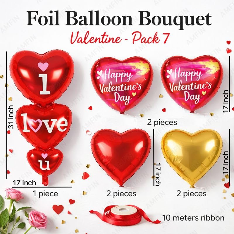 Image of AMFIN (Pack of 7) Happy Valentine's Day Foil Balloon Bouquet I Love you Heart Romantic Decoration Item - Red Gold